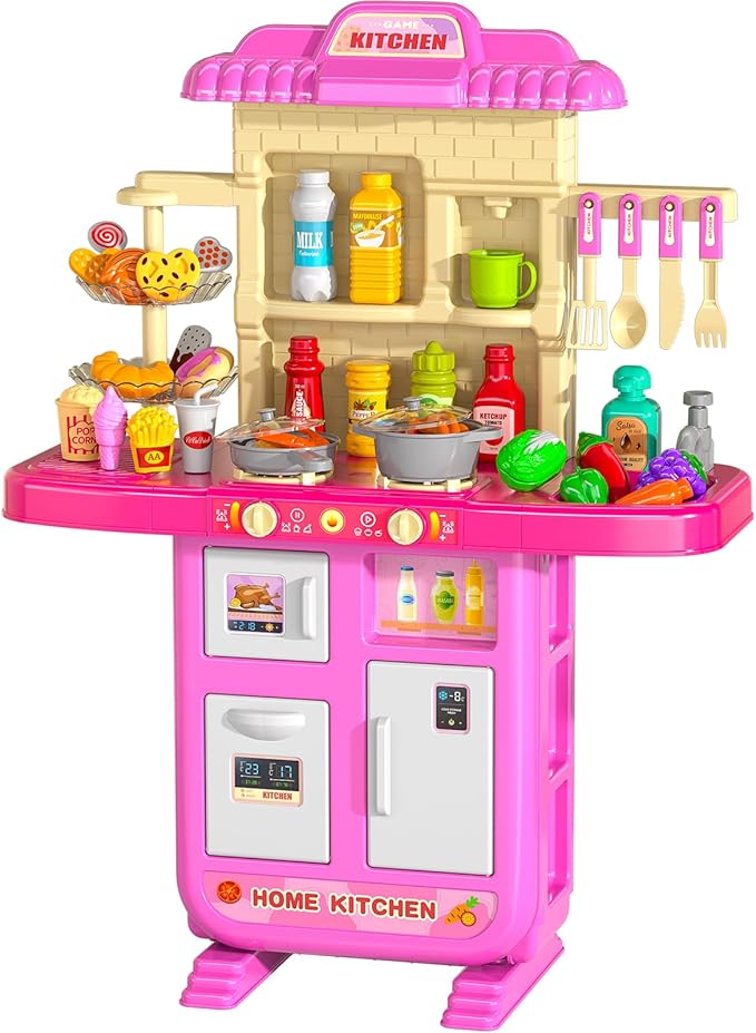 TEMI Pretend Food Kitchen Toys for Girls Age 3 4 5 6 7 8 - Kitchen Accessories Platset with Sound and Light, Cutting Food Toy, Pretend Play for Kids, Indoor Outdoor Cooking Set, Birthday Gifts 8-9