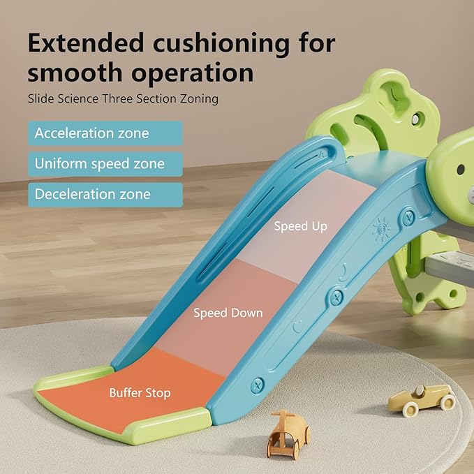 Toddler Slide, Green Playful Style, Kids Slide Playset with Ball & Hoop, Non-Slip Steps, Indoor Outdoor, 1-3 Years