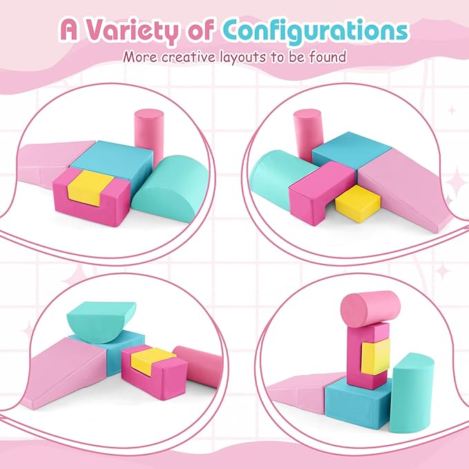 Costzon Toddler Climbing, 6 Pieces Climb and Crawl Playset with PU Cover for Baby Crawling, Climbing & Walking, Indoor Foam Climbing Blocks for Toddlers (Pink)