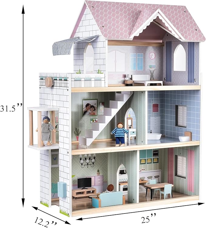 Giant bean Large Pink Wooden Dollhouse with Furniture for Girls with Doorbell, Light,Elevator, 6 Rooms 2.6ft High,15 Pcs Furniture & 3 Dolls, Kids Playhouse Toy for Girls 3-7+, 31.5" x 25" x 12.2"