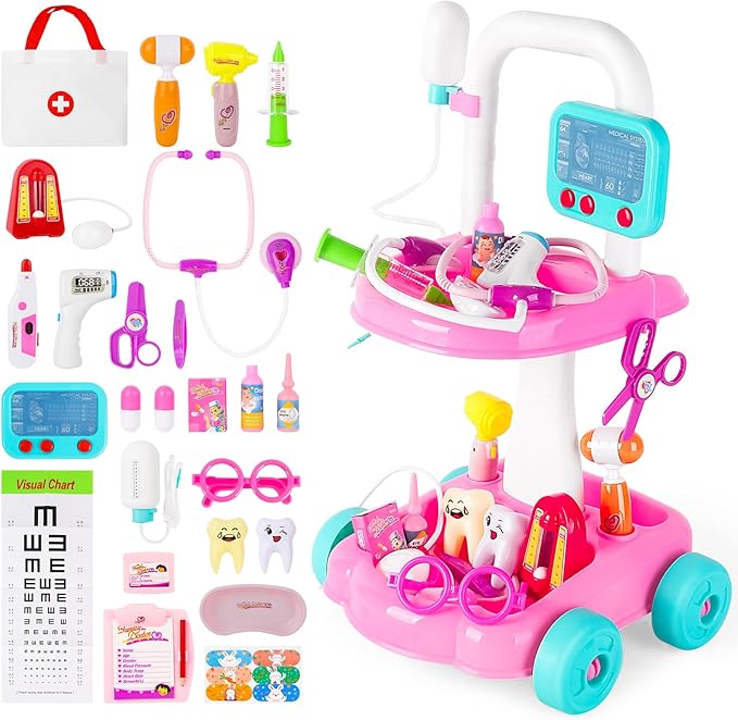 deAO Doctor Kit for Toddlers 3 4 5 Years Old, Dentist Playset with Medical Bag & Dental Tools, Pretend Dentist Play Set with Cart, Kids Doctor kit Educational Toys Gift for Girls Boys