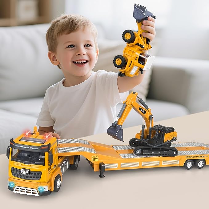 Toddler Boys Toys for 3-5 Years Old, Construction Toy Set w/Semi Truck, Excavator, Bulldozer, Alloy Engineering Construction Vehicles Truck Toys for Boys Age 4-7