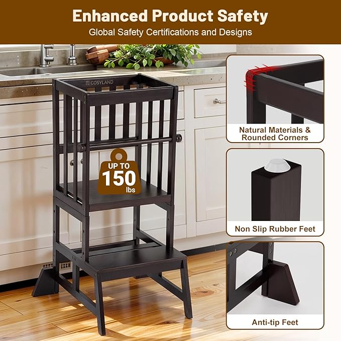COSYLAND Toddler Standing Tower - Adjustable Height Toddler Kitchen Stool Helper - Kids Kitchen Step Stool for Learning with Removable Safety Railing Black Walnut Color