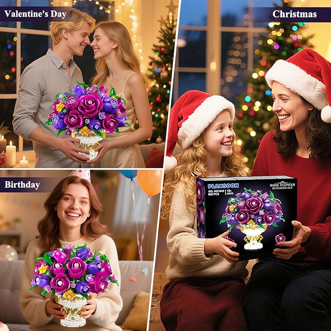 Purple Rose Flower Building Set with Vase, 969 PCS Botanicals Flowers Bouquet Building Block Kit, 18 Rose Bonsai Plant Collection Home Decor, Birthday Gift for Adults Women Boys Girls 12+