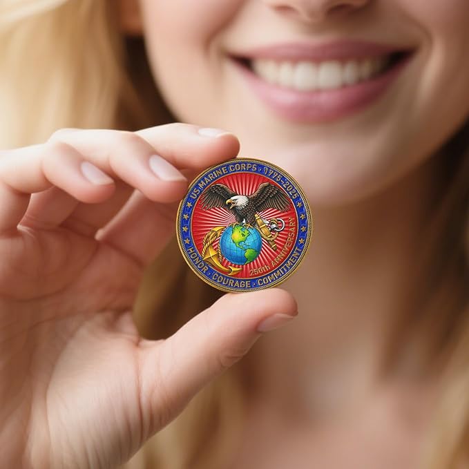 US Marine Corps 250th Anniversary Challenge Coin - Double-Sided Eagle, Globe & Anchor Design - 1775-2025 Honor Military Coin - Courage & Commitment Keepsake for Veterans & Marines