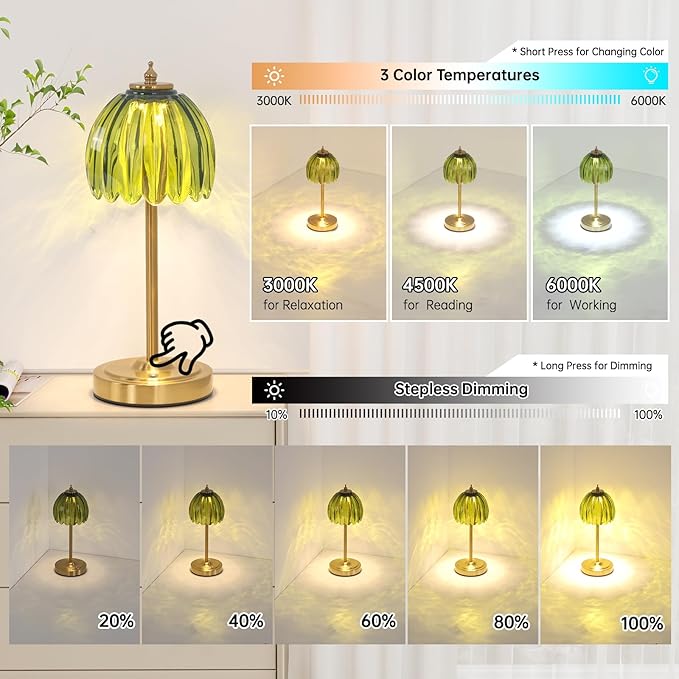 Cordless Small Table Lamp with 5000mAh Battery & Touch Control - 3 Adjustable Color Temperatures, Dimmable Rechargeable Table Lamps for Living Room, Bedroom, Desk, Nightstand (Green Tulip)