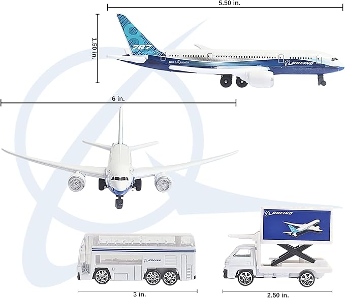 Daron Airport Playset – Boeing 787 – Die-Cast Metal Airplane Toy with Plastic Accessories and Vehicles for Kids Ages 3+