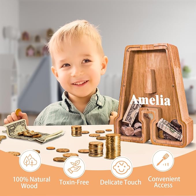 Wooden Letter Piggy Bank for Kids Larger Letter Piggy Bank for Boys and Girls Personalized Piggy Bank Initial Coin Bank Wood Kids Money Bank for Birthday and Festival