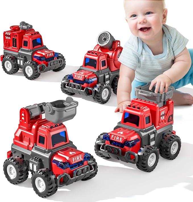 4 Pack Fire Trucks Toys for Toddlers Kids 2-4 Years, Press and Go Cars for Toddlers Boys Girls with Flexible Joints, Kids Toddlers Toys for 3 4 5 6 Years Old Boys Girls Birthday Gifts