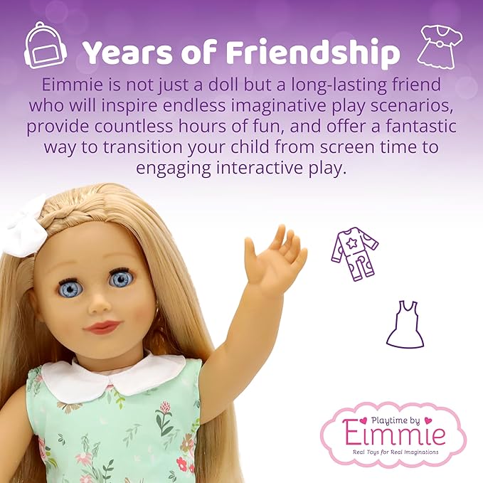 Playtime by Eimmie 18 Inch Doll with Blonde Hair, Blue Eyes, Outfit, Shoes, Pajamas, 18” Clothes Accessories & Travel Suitcase - Girls, Toddler & Childs Play Dollie - Eimmie