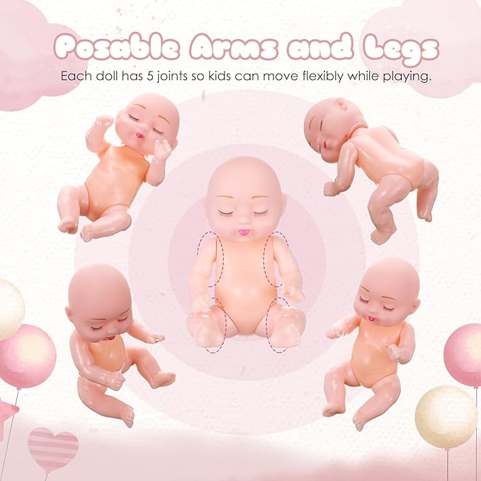 Hanaive 4 Pcs 4 Inch Mini Baby Dolls Lifelike Realistic Baby Dolls Animal Clothes Cute Tiny Gifts for Kids Birthday Party(Kawaii Style)