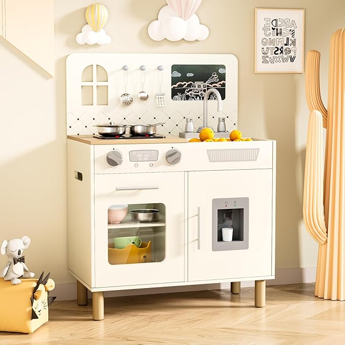MAMIZO Wooden Kids Play Kitchen Set with Real Lights & Sounds, Interactive Pretend Kitchen with Knob Sounds, Sink, Water Dispenser, 6 Pcs Cookware & Chalkboard Panel for Toddlers and Children (Cream)