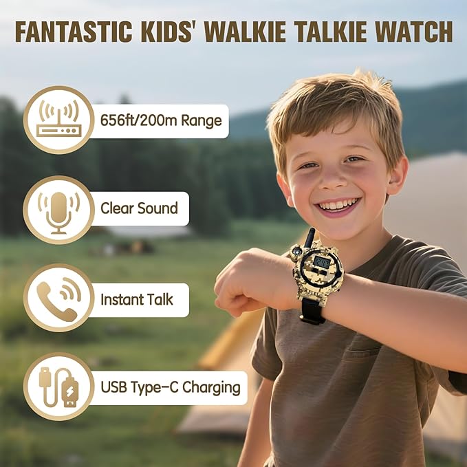 Walkie Talkies for Kids Rechargeable 2 Pack, Long Range Camo Walkie Talkie for Boys Age 8-12, Wrist Walkie Talkie Spy Watches for Kid, Kids Walkie Talkies 2 Pack for Christmas Birthday Gift