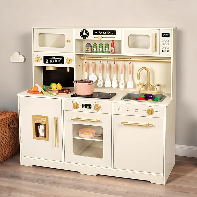 Kids Kitchen Playset, Wooden Toddler Play Kitchen Set Toys, Cooking Stove, Play Sink, Play Food, Kitchen Accessories for Baby Toddler Kids Toys, Pretend Toy Kitchen for Girls Ages 1-3