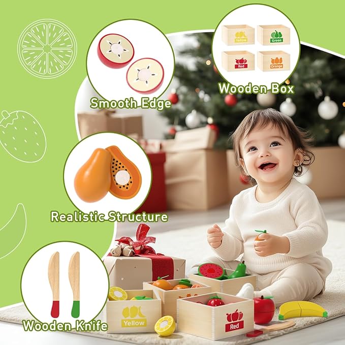 Wooden Toddler Kitchen Set - 18PCS Pretend Play Food with Sticky Cutting Toys & Storage Box, Realistic Fake Food Kitchen Toys for Kids 1-3, Educational Gift for Boys Girls Ages 3+