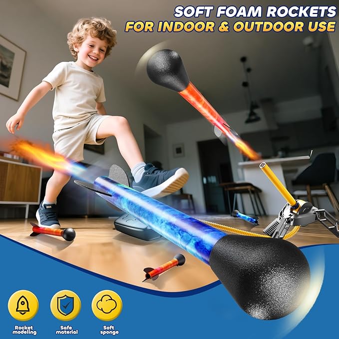 Rockets for Kids Age 4-8 with 4 LED Rockets and Launcher - Outdoor Toys for 4 5 6 7 8-12 Year Old Boy Birthday Gift, Air Powered Flying Toy Shooting Up to 100 Feet, Toys for Kids Ages 8-12