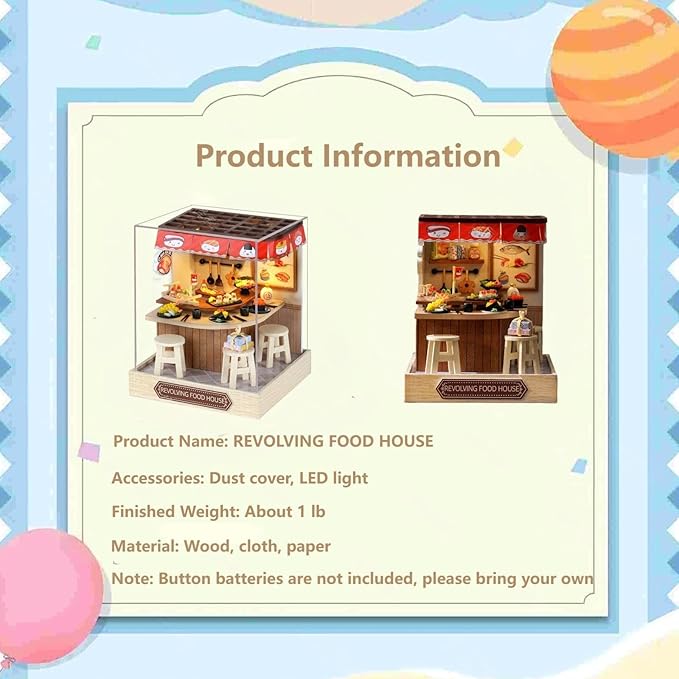 OZJAY DIY Miniature House Kit with Dust Proof Cover, 1:24 Scale Creative Room Mini DIY Wooden Dollhouse Miniature Kit for Adults Teen(Revolving Food House)