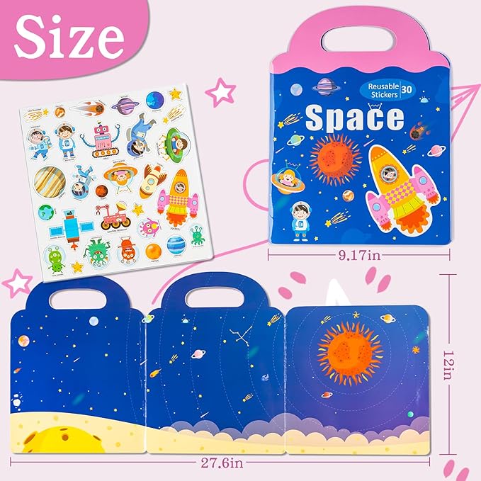 Magnetic Portable Playboard 30 PCS Space Exploration Learning Toys Fridge Magnets for Toddlers Age 3+ Refrigerator Magnets for Kids Girls Boys Birthday Gifts Reusable Activity Books Travel Toy