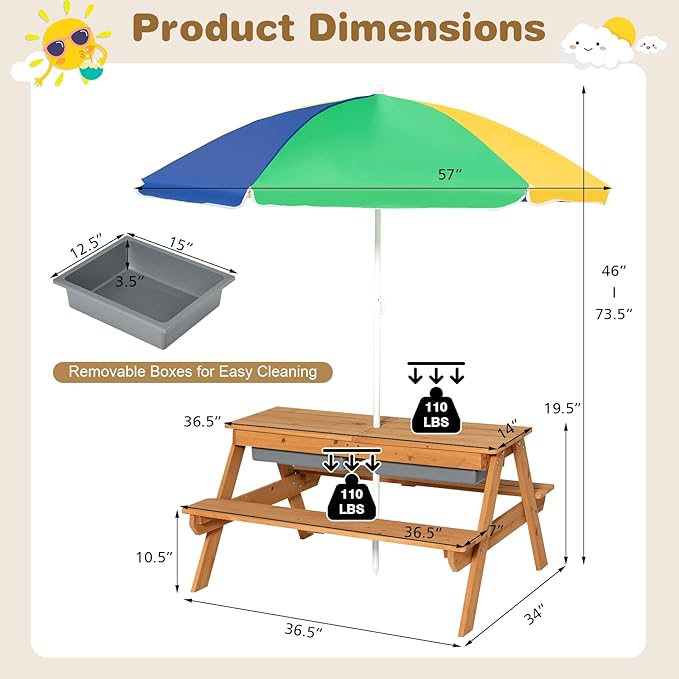HONEY JOY Kids Picnic Table, 4 in 1 Cedar Wooden Sand & Water Table w/ 2 Removable Box & Umbrella, Kids Picnic Tables for Outdoors Backyard Garden, Toddler Patio Furniture Set for Boys Girls(Colorful)