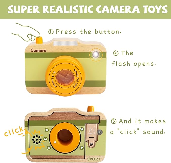 Wooden Mini Pretend Camera Toy with Real Sounds and Light for Toddlers 3 Years Old, Neck Hanging Photographed Props for Boys Girls Children Kids