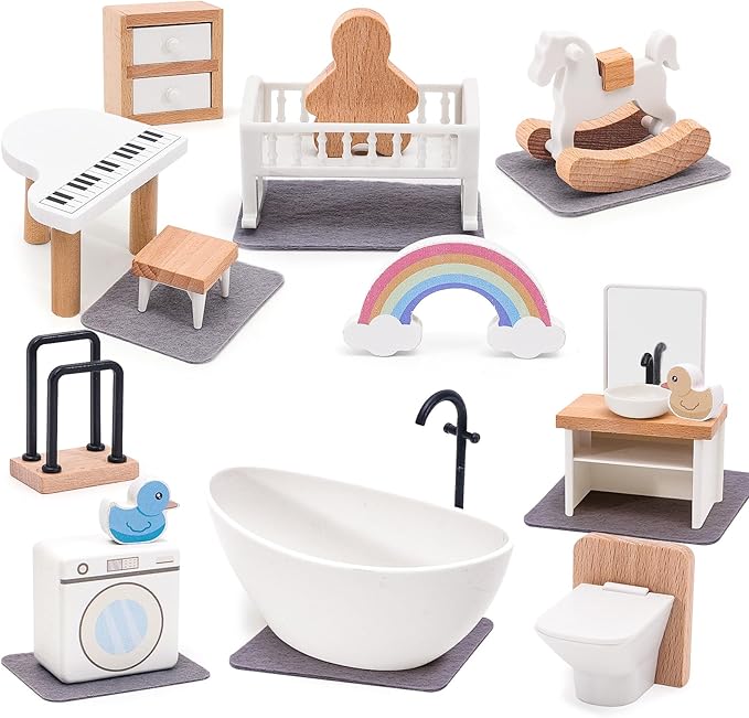 Wooden Dollhouse Furniture Set Elegant Kid’s Room & Bathroom Doll House Accessories, Premium Wood Toys for 3-6 Year Olds, Dollhouse Decor Set for Girls & Boys Birthday Christmas