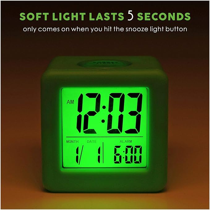 Plumeet Digital Alarm Clock Kids with Snooze and Nightlight - Easy Setting Silicone Clock Display Time, Date - Loud Alarm Clock for Bedroom - Battery Powered (Green)