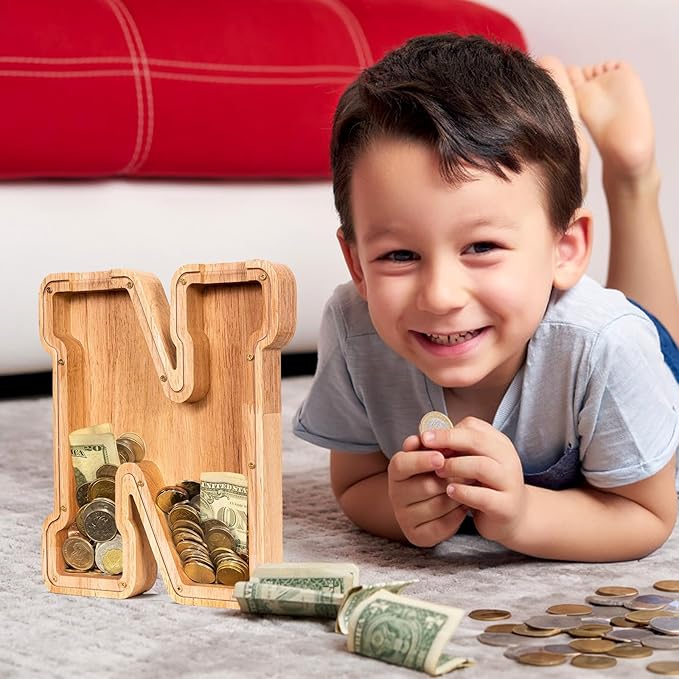 SummiDate Wooden Letter Piggy Bank| Piggy Bank for Boys Girls Toddler| Alphabet N Money Bank| Coin Bank Birthday Gift for Kids|Birthday Gift for Kids (N)