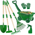 Duckura Kids Gardening Tools Set - 7pcs Wheelbarrow Set for Kids with Shovel, Rake, Leaf Rake, Summer Outdoor Yard Digging Weed Toys, Halloween Birthday Gifts for Boys Girls Age 2 3+ Years Old(Green)