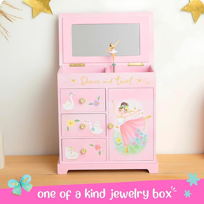 Ballerina Musical Jewelry Box for Girls - Ballerina Toys for Girls Age 4-6 - Kids Jewelry Box with Drawers - 9 x 5 x 9.3 in