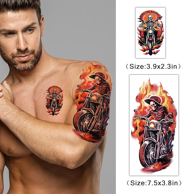Motorcycle Temporary Tattoos for Adults and Kids, 77 Waterproof Fake Tattoos, 17 Half Arm Sheets and 60 Small Sheets Motocross Racing Rider Dirt Bike Skull Design