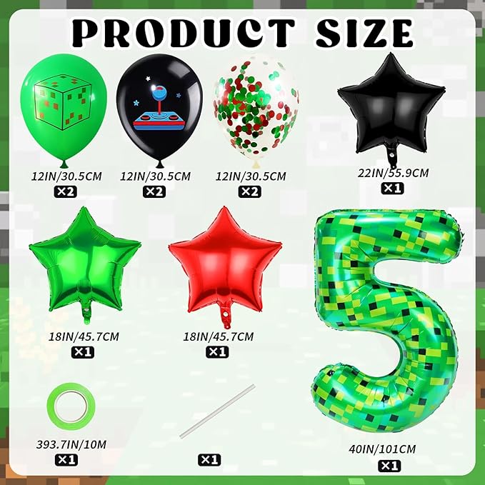 40in Green Pixel Number 5 Balloon Birthday Decorations, Miner Theme Green Foil Balloons Blast Gaming Party Supplies