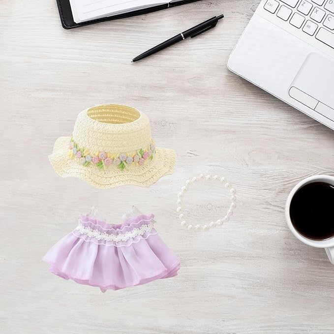Clothes for Dolls Accessories, Outfit Set 3 Pieces Gauze Dress for 15cm 17cm Doll (No Doll), Romantic Hat Skirt Doll Clothing Set Replacement Purple