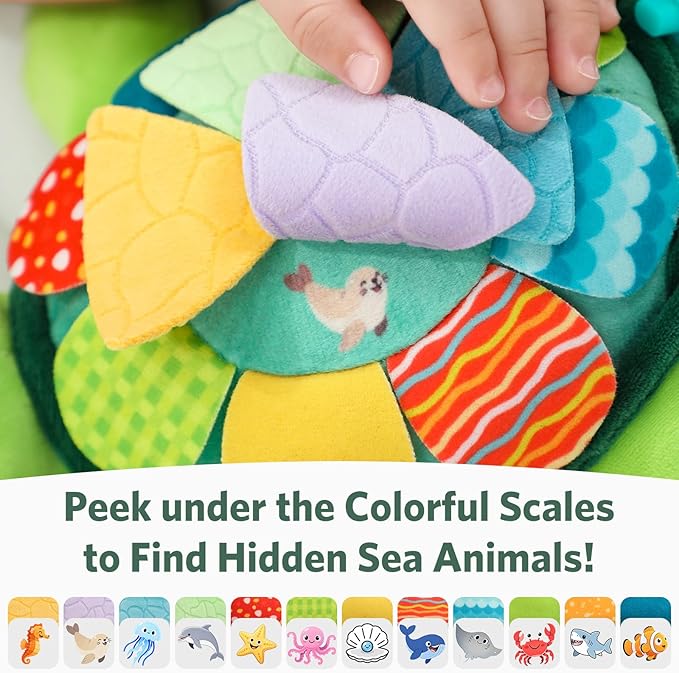 Turtle Baby Sensory Toy, Flip Scales & Multi-Textured Belly Montessori Activity Toy with Rattle Squeaker Teethers, Tummy Time/Crib/Stroller Toy,Educational Toy for 0-3 Years Newborn to Toddler