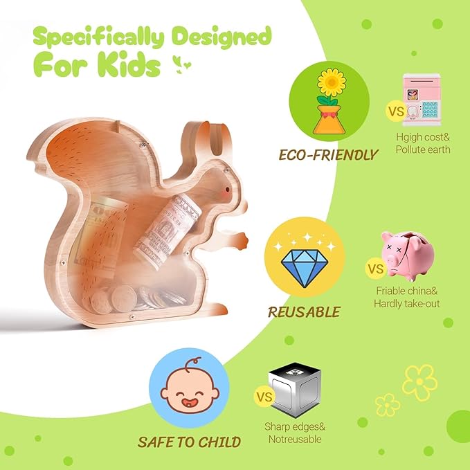 Wooden Squirrel Piggy Banks for Boys, Cute Unbreakable Money Coin Bank Jar, Safe Money Box, Transparent Saving Jar, Birthday Anniversary Baptism Gifts for Boys Toddler Squirrel Lovers