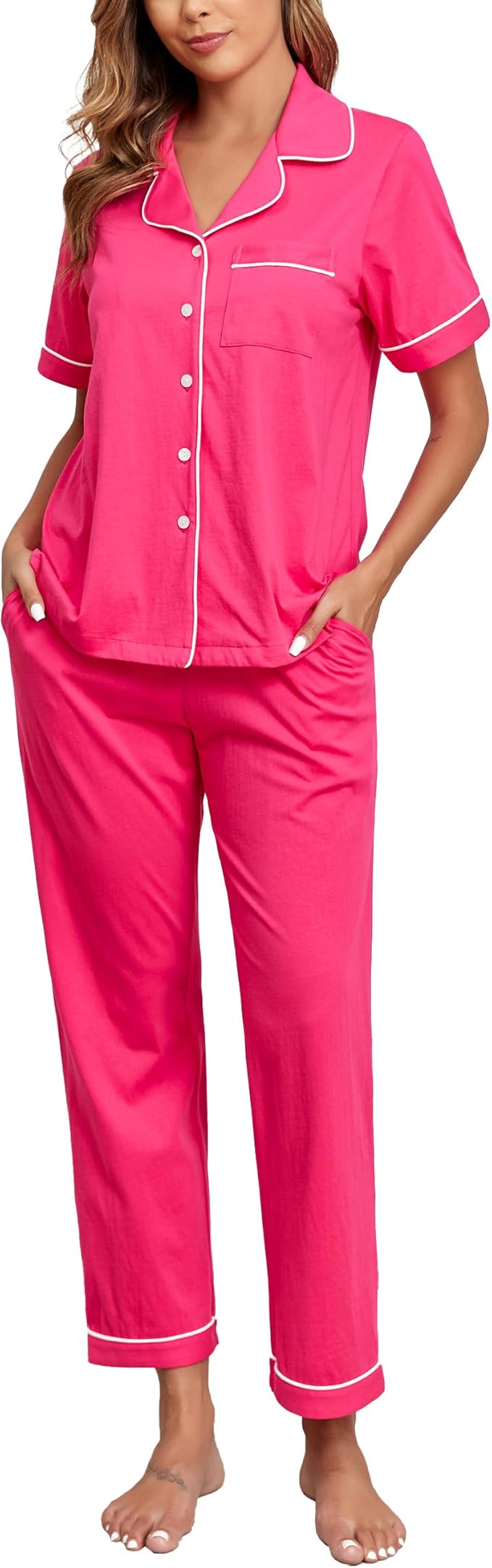 CF Womens 100% Cotton Pajamas Set Button Down Pjs Sets Short Sleeve Top & Long Pants Sleepwear Comfy Loungewear with Pockets