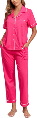 CF Womens 100% Cotton Pajamas Set Button Down Pjs Sets Short Sleeve Top & Long Pants Sleepwear Comfy Loungewear with Pockets