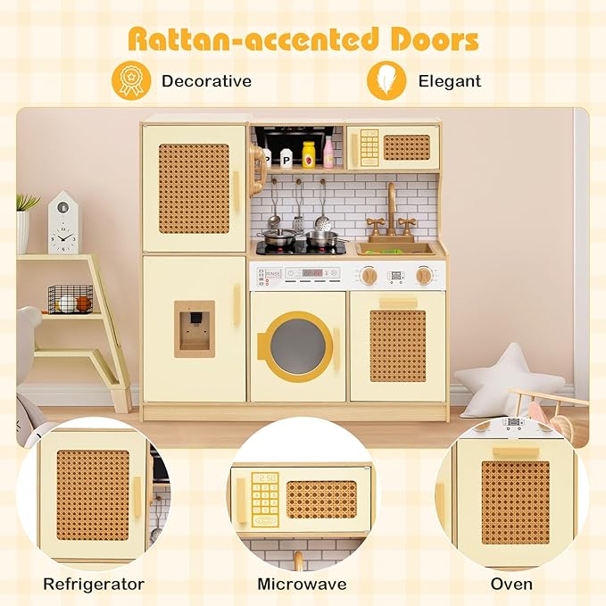 Costzon Kids Kitchen Playset, Wooden Play Kitchen w/Rattan Door, Realistic Lights & Sounds, Water Dispenser, Washing Machine, Cooking Accessories, Montessori Toy for Kids 3+ Year Old (Yellow)