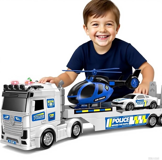 Kids Toys for Ages 3 4 5 6 7 8 Years Old Boys, 25" Large Police Semi Truck with Helicopter & Race Car, Friction Powered Vehicle with Lights & Sounds,Birthday Gift for Boys Girls