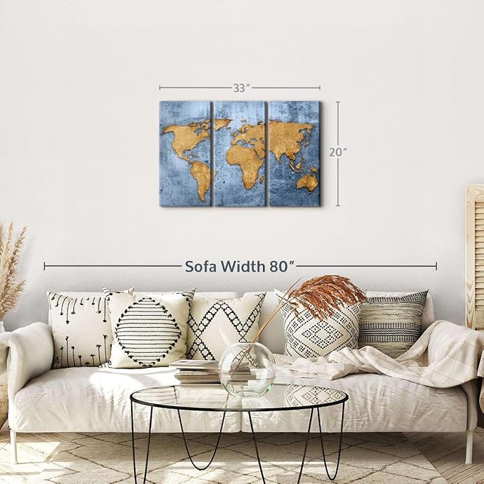ElephantStock Azure World Map Wall Art Multi Piece Canvas - 3 Panel Wall Decor - Map of the World Art - Canvas for the Office and Home - 33" X 20"