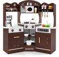 HONEY JOY Corner Play Kitchen, Toddler Wooden Toy Kitchen Set w/Lights, Coffee Maker, Microwave, Sink, Faucet, Little Chef Pretend Play Kids Kitchen Playset for Boys Girls (Coffee)