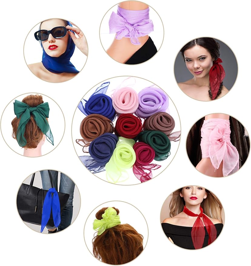 Boao 6 Pieces Chiffon Scarf 1950s Square Neck Head Scarfs Vintage Soft Polyester for Women Lady