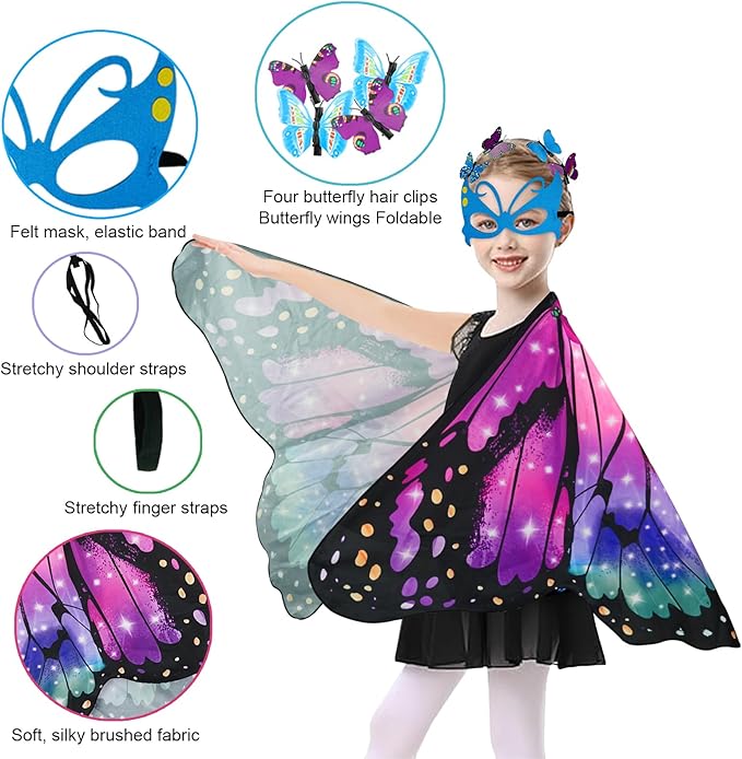 Butterfly Costume for Girls Fairy Wings Kids 4 Pcs(Cape,Skirts,Masks,Hair Clips) Butterfly Wings for Halloween Gifts