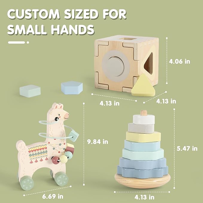 Freniland Montessori Toys for 1 Year Old，3-in-1 Wooden Baby Toys，Wooden Stacking Toy，Toddler Shape Sorting Cube, Llama Ring Toy,Newborn Baby Gift Sets for Boys and Girls