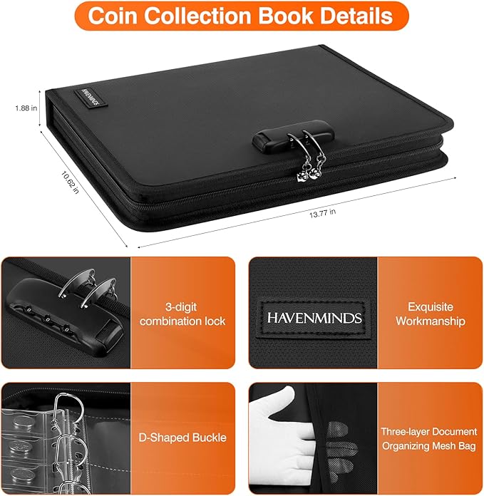Coin Collection Book with Lock,Fireproof Holders for Collectors,300 Pockets Coin Collection Supplies & 72 Sleeves Currency Storage Case,Coin Organizer Collecting Album for Bill,Pennies,Quarters,Stamp