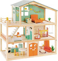 Giant bean Large Wooden Dollhouse with 32 Pcs Furniture Accessories, 3-Story Doll House 5 Rooms Balcony Wooden Stairs, Ideal Dollhouse Playset Toy for Kids Ages 3+, 30" H x 28" L x 13" W