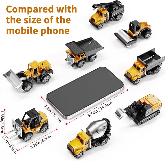 HONGTUO Alloy Mini Construction Vehicles, 8Pcs Die-cast Construction Toys Set, Excavators Mixer Truck Bulldozers Forklift Dump Truck, Pull Back Car Toys for Toddlers Kids Boys & Girls