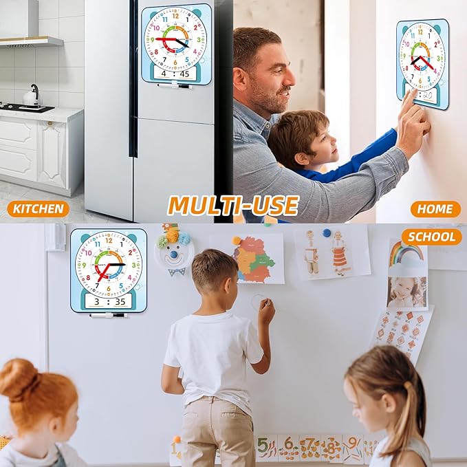 2 Pack Magnetic Writable Dry Erase Teaching Clock with Pen, Large 12" Teaching Demonstration Clock for Kids Learning Time with Cute Style for Home School Classroom Supplies(12" x 11")
