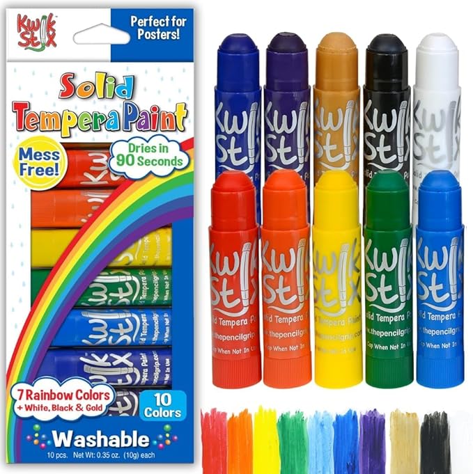 Kwik Stix Solid Tempera Paint Sticks, Washable, Rainbow Colors, 10 Non-Toxic Quick Drying, Allergen Free, Paint Sticks for Kids and Toddlers