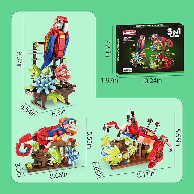 Animal Flowers Building Set for Kids 6+, 3 in 1 Transforms to 3 Different Animal Figures - from Colorful Parrot, to Lifelike Chameleon, to Cute Crab- Perfect for Home Decor & Creative Gifts（538 PCS）