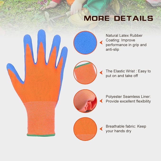HANDLANDY 3 Pairs Kids Gardening Gloves Latex Free, Nitrile Coated Children Toddler Garden Yard Work Gloves for Little Girls Boys (Size L, Black-Orange)